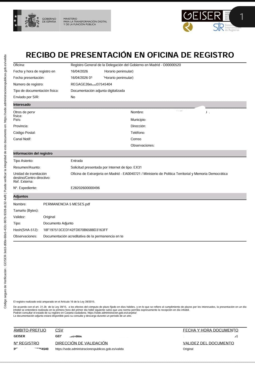 Comprobante anonimizado de presentación real de regularización extraordinaria en España